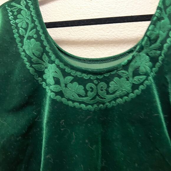 Vintage Green Velvet Crop Top Blouse Embroidered Floral Neck Short Sleeve Sz M - Picture 4 of 4